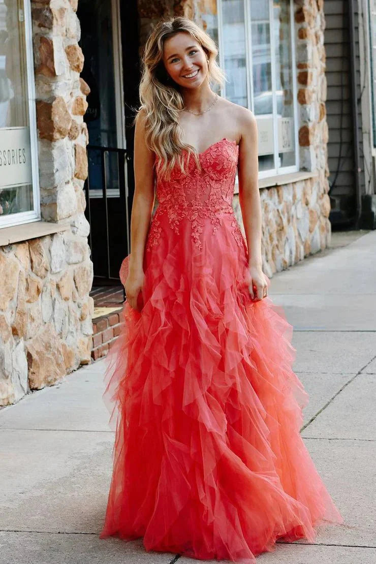 A-Line Coral Tulle Strapless Layered Retract Your Waist Party Dress